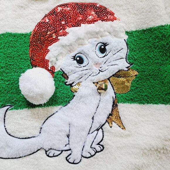 Merry Christmas by Poof Sweater Sz Medium Green White Sparkle Kitty Hat Bell NWT - Picture 12 of 16